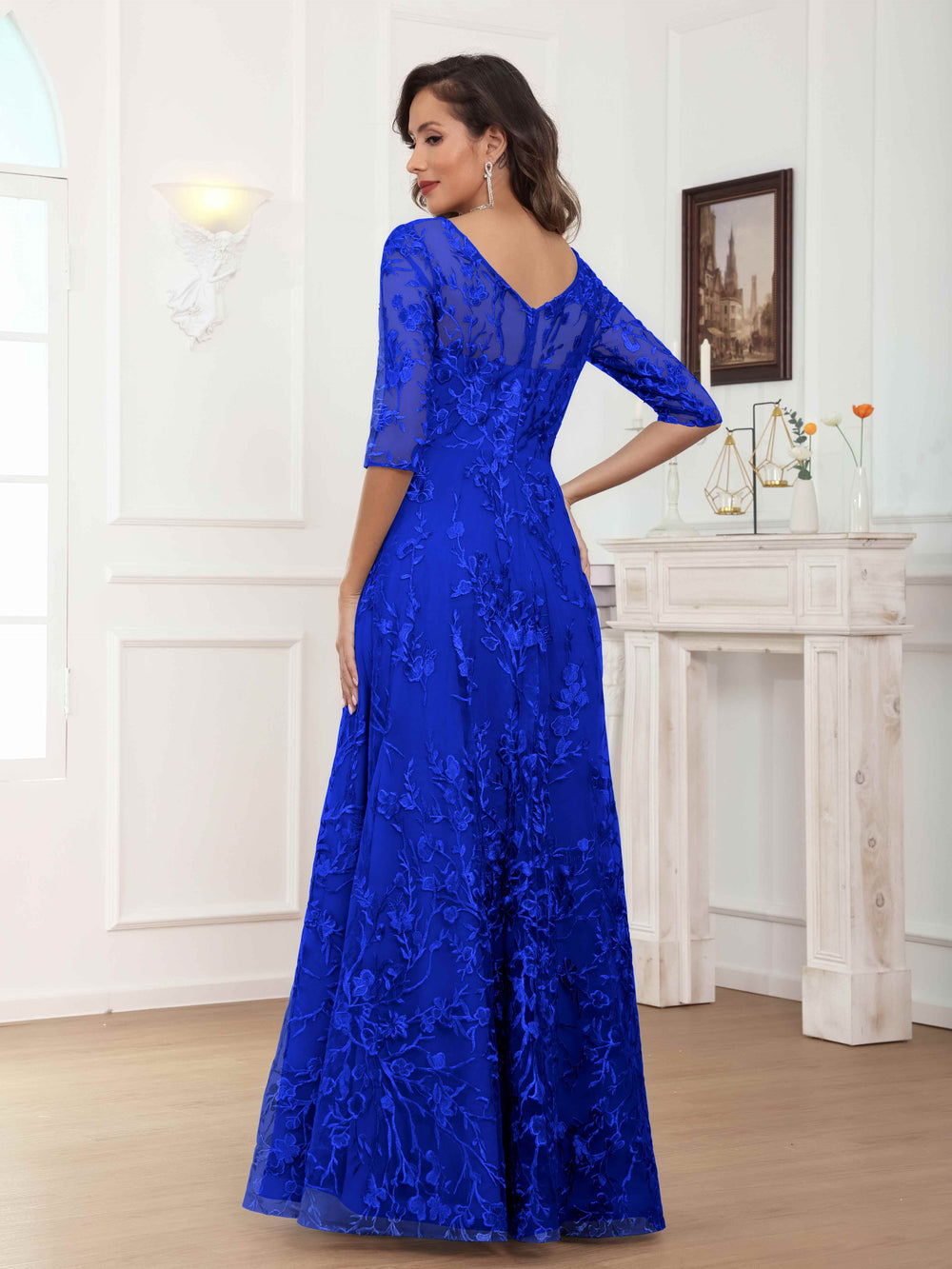Vestido azul sapphire manga 3/4 aplicación encaje lentejuelas corte A
