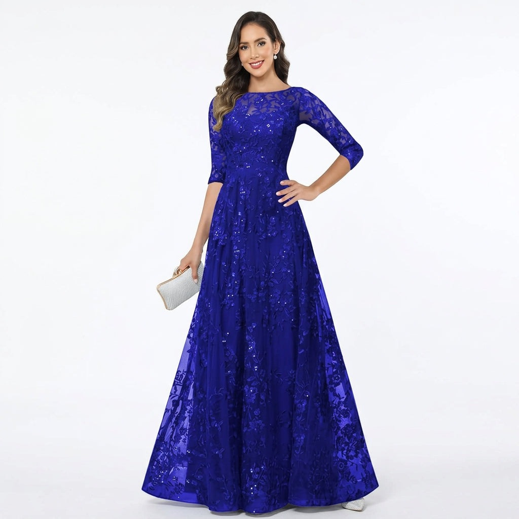 Vestido azul sapphire manga 3/4 aplicación encaje lentejuelas corte A