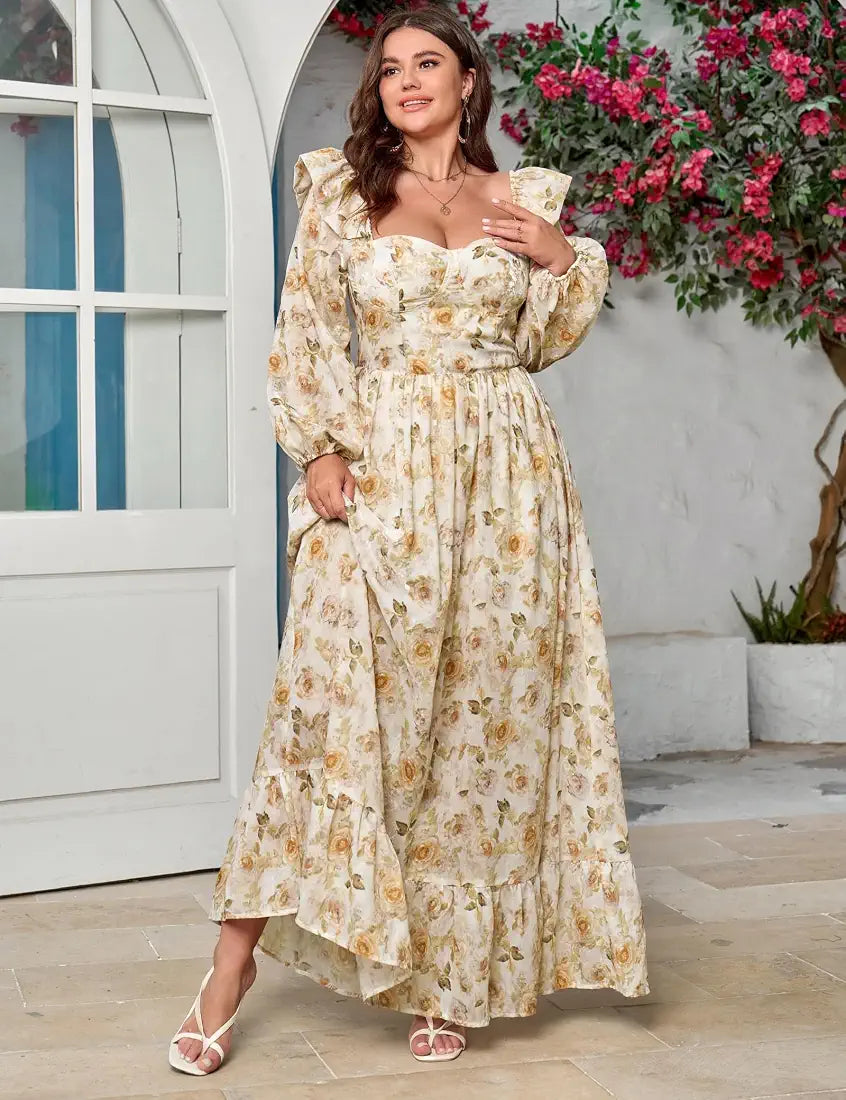 Vestido manga larga con  estampado floral tela brillo sutil