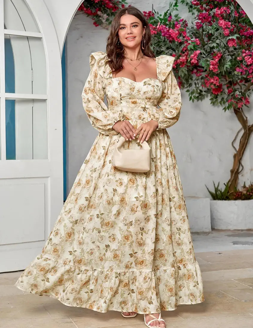 Vestido manga larga con  estampado floral tela brillo sutil