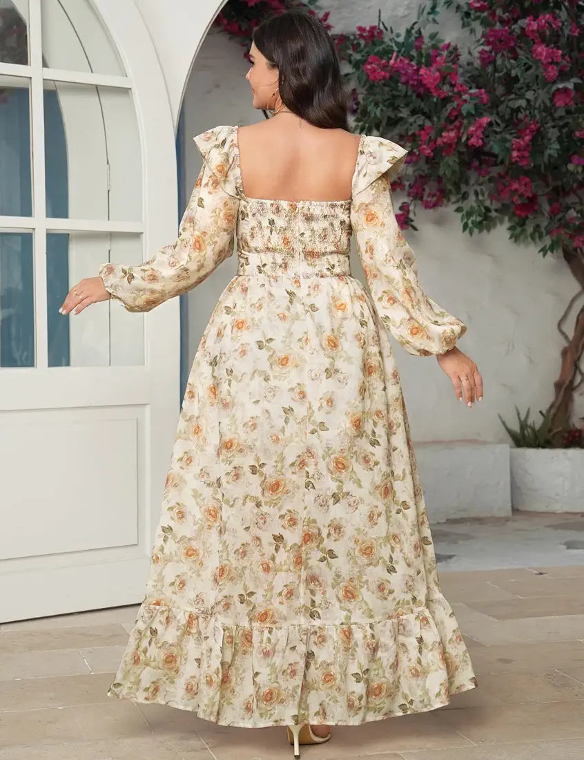 Vestido manga larga con  estampado floral tela brillo sutil