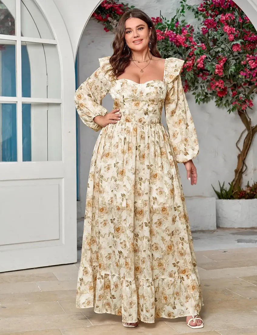 Vestido manga larga con  estampado floral tela brillo sutil