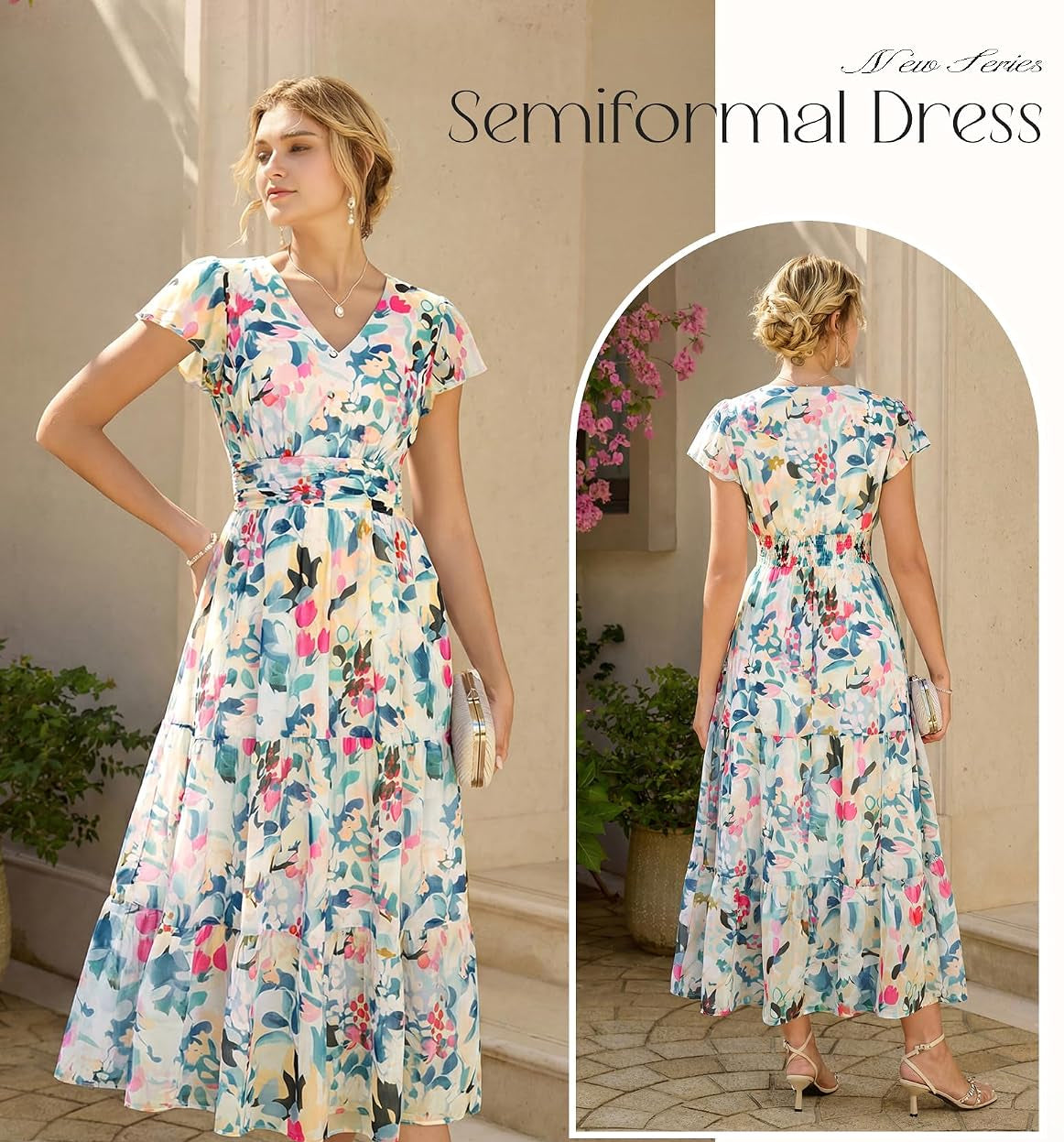 Vestido semi-formal con estampado floral manga corta