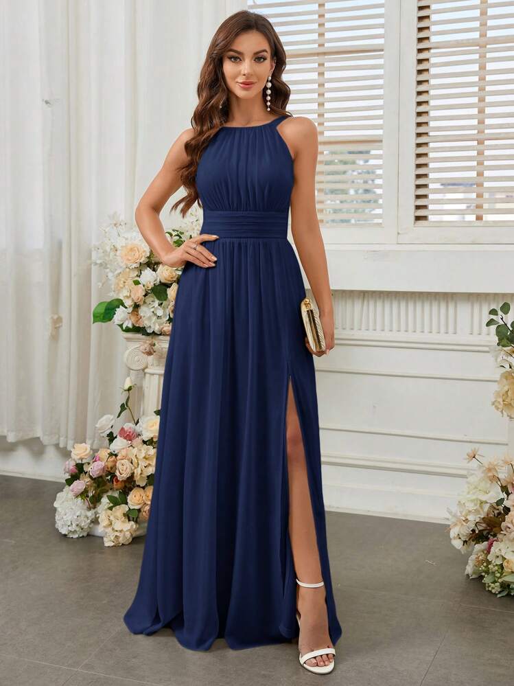 Vestido azul marino corte A con abertura lateral