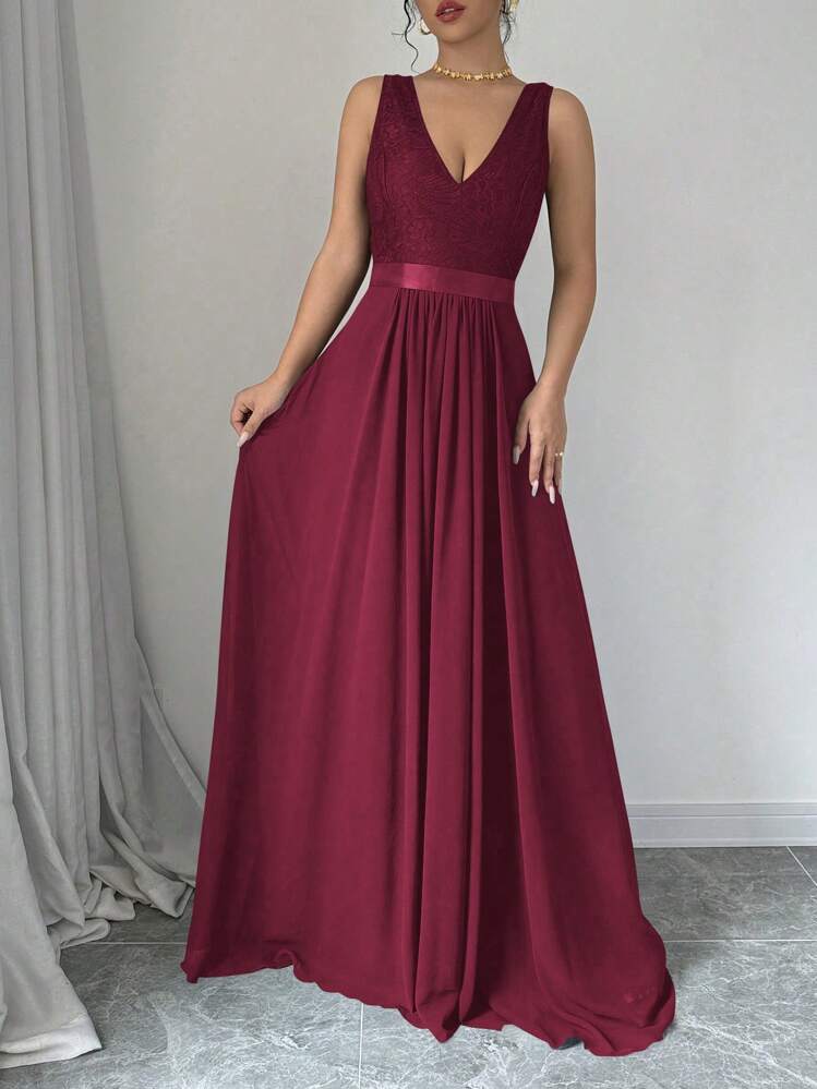 Vestido rojo cherry encaje y falda chiffon