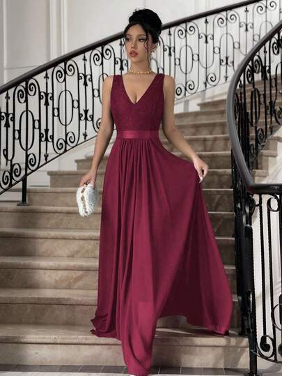 Vestido rojo cherry encaje y falda chiffon