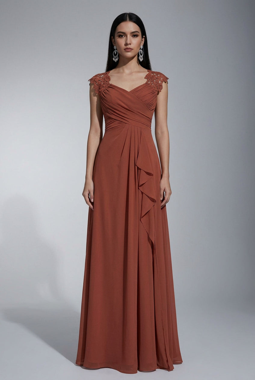Vestido Terracota oscuro tirante grueso con abertura lateral