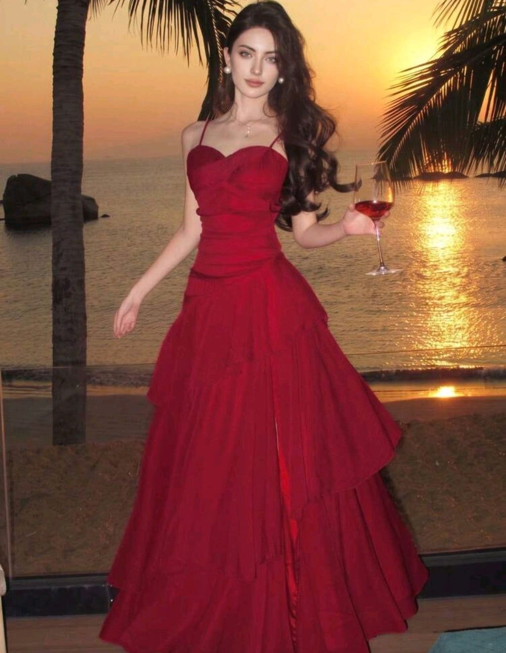 Vestido rojo capas falda fluida tirante delgado con abertura lateral