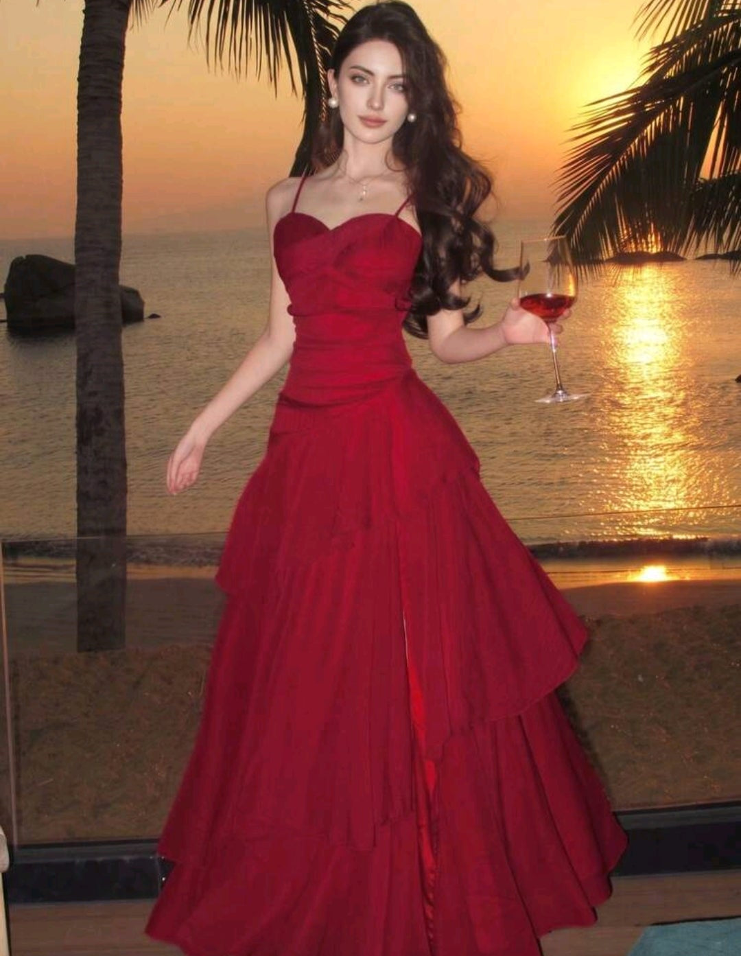Vestido rojo capas falda fluida tirante delgado con abertura lateral