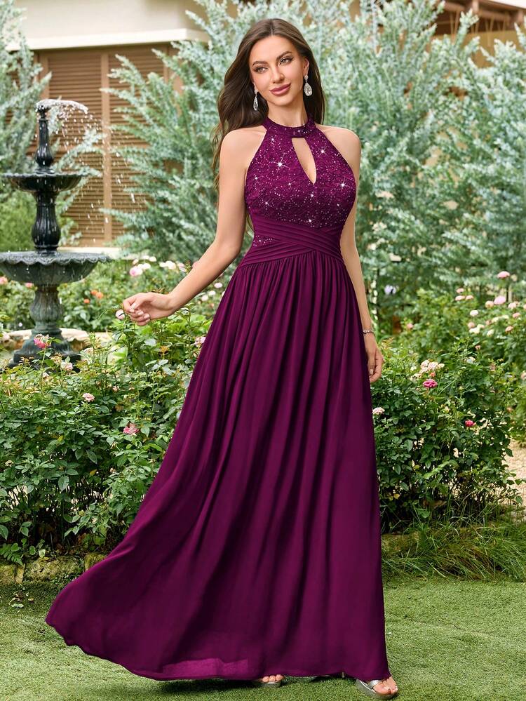 Vestido mangenta oscuro encaje lentejuelas y falda chiffon