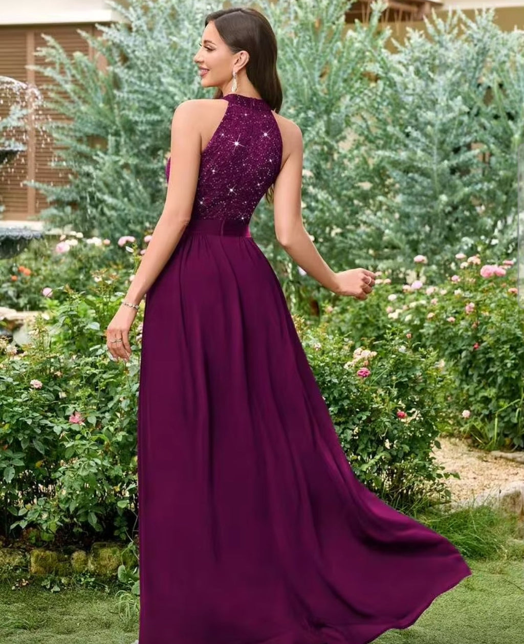 Vestido mangenta oscuro encaje lentejuelas y falda chiffon