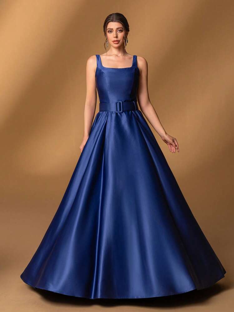Vestido azul marino escote cuadrado corte A satindo