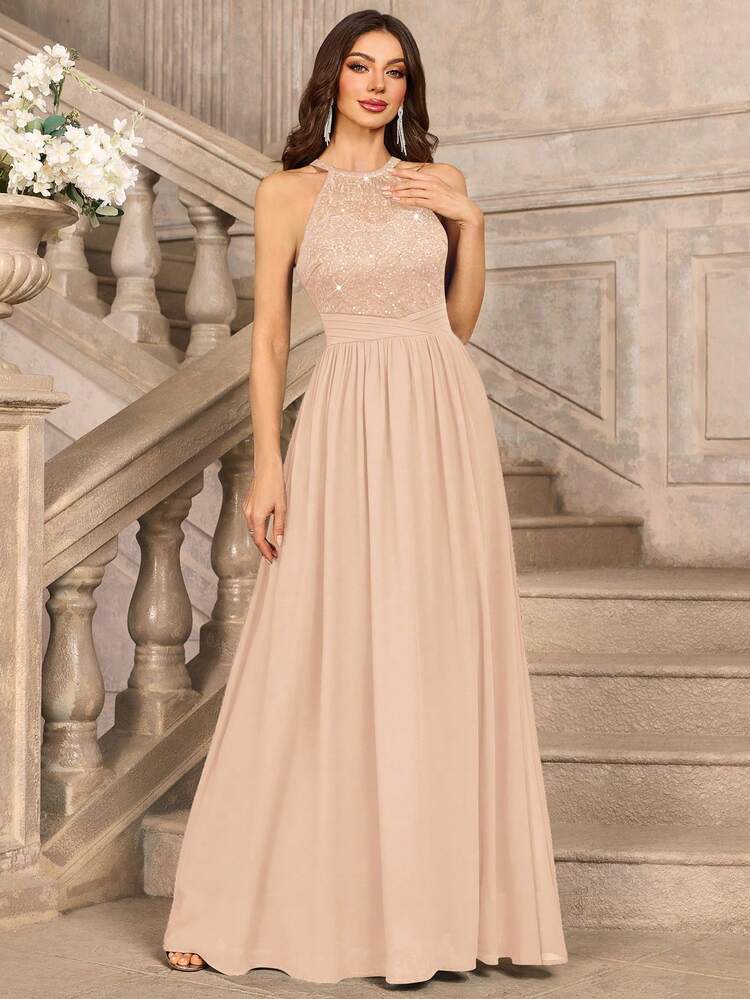 Vestido champagne encaje lentejuelas y falda chiffon
