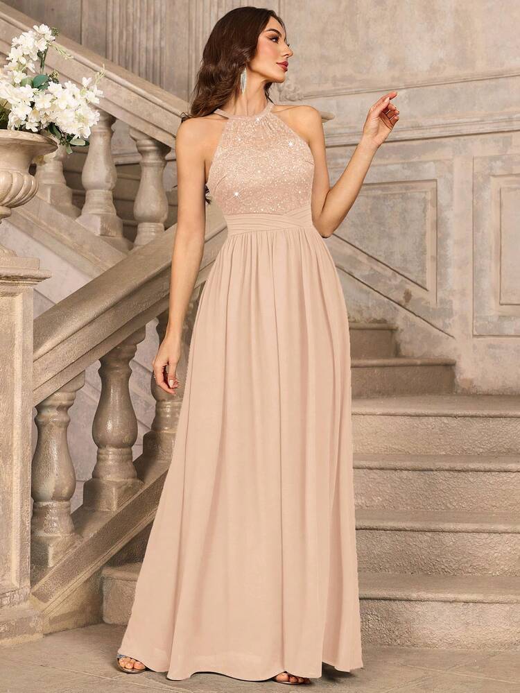Vestido champagne encaje lentejuelas y falda chiffon