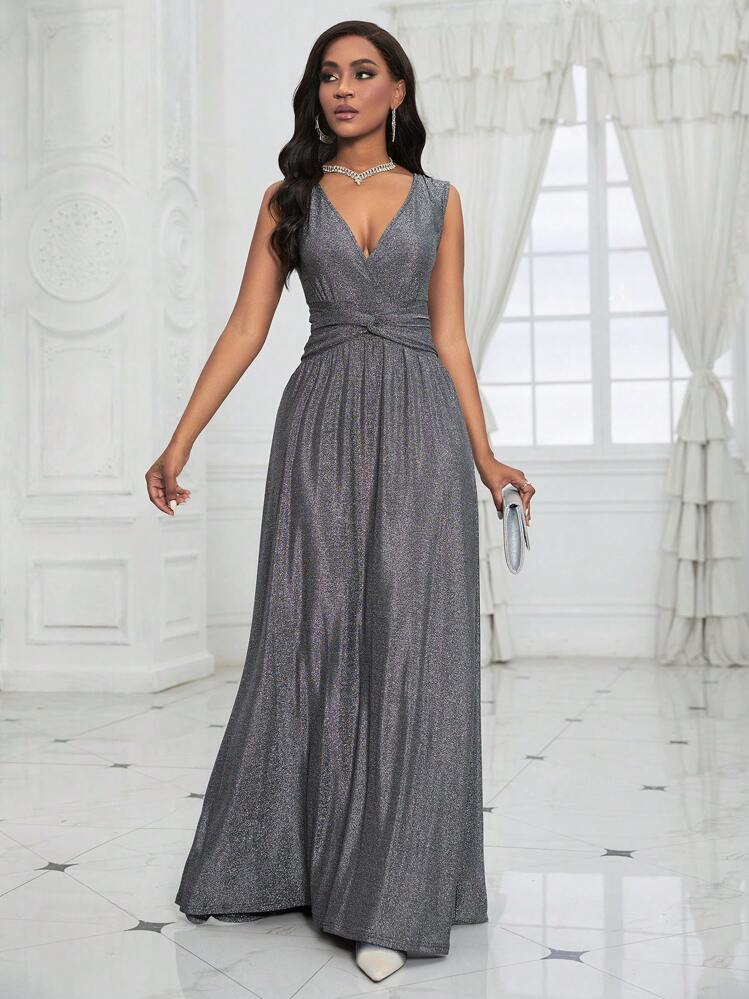Vestido plateado brillante tirante grueso corte A stretch