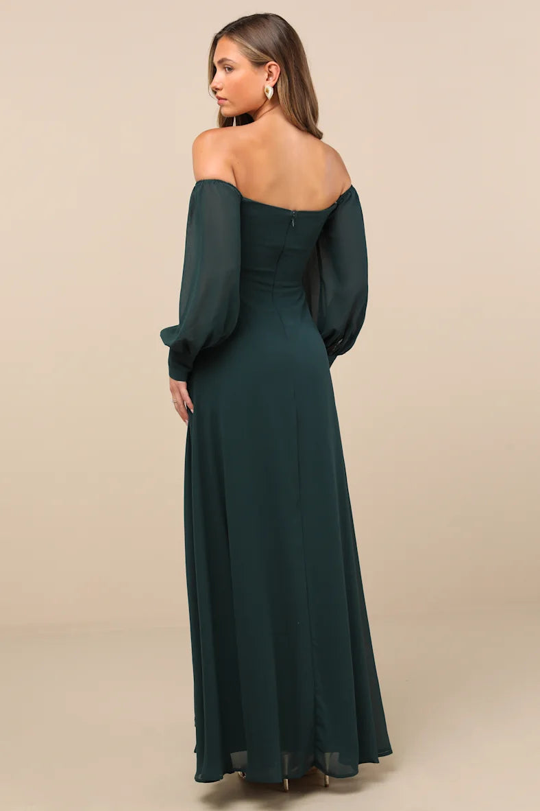 Vestido verde oscuro off-the-shoulder manga larga con abertura lateral