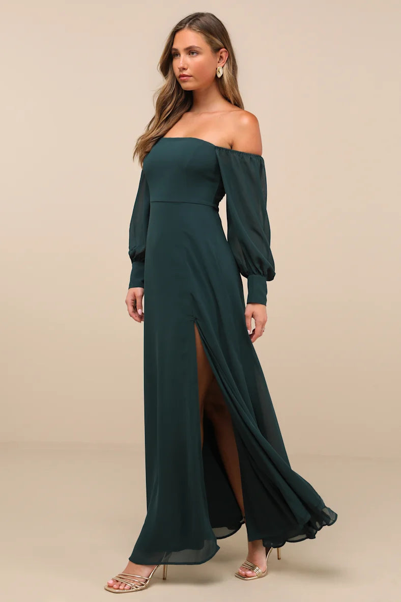 Vestido verde oscuro off-the-shoulder manga larga con abertura lateral