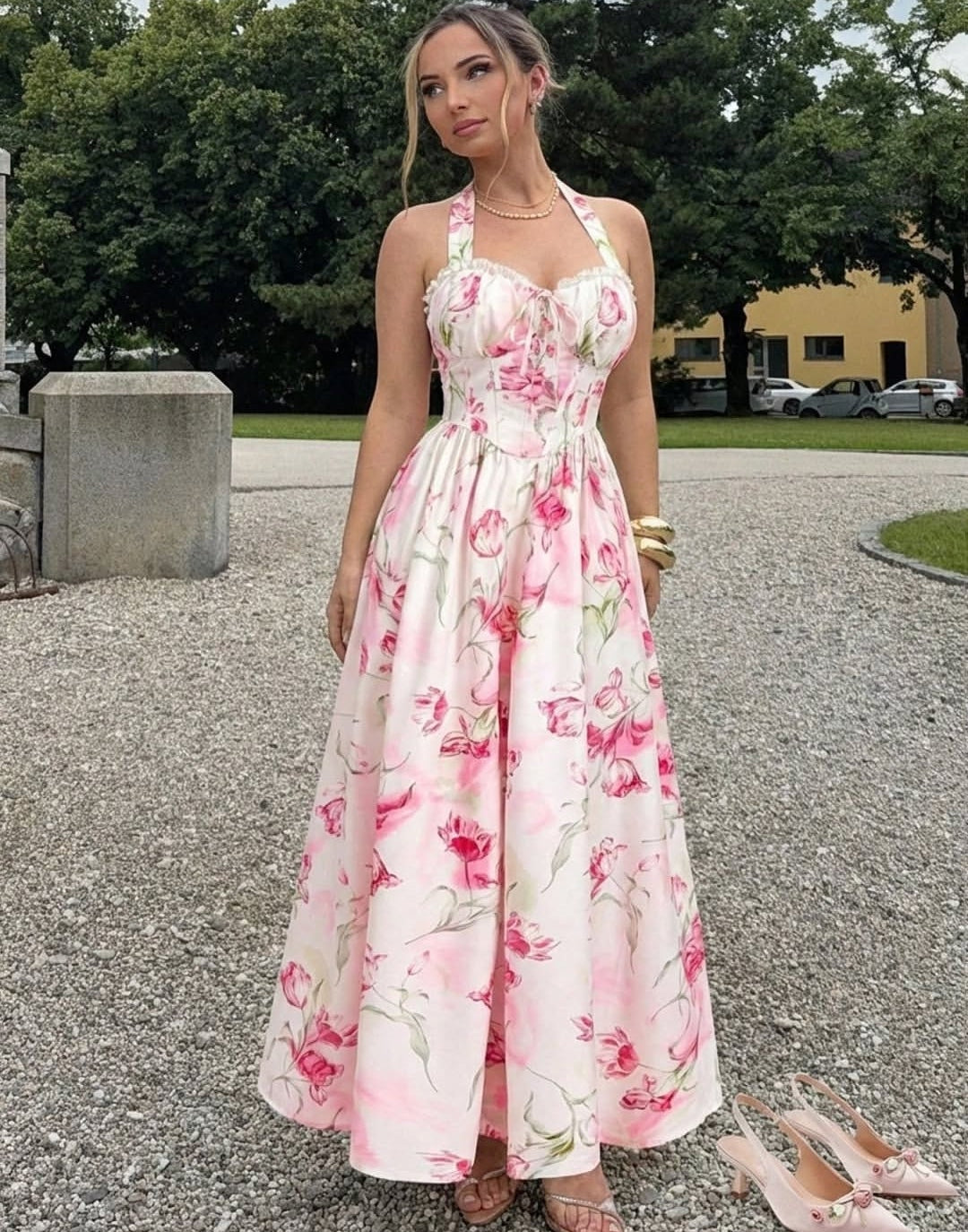 Vestido blanco con estampado floral escote corazón