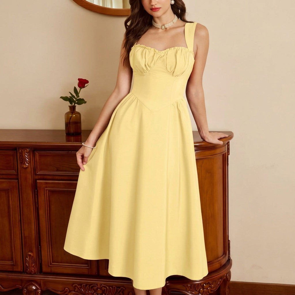 Vestido casual amarillo con escote corazón midi