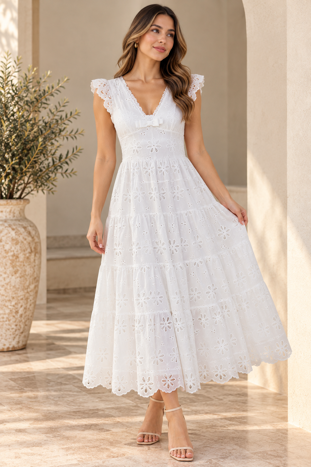 Vestido maxi blanco manga corta con forro y escote en V