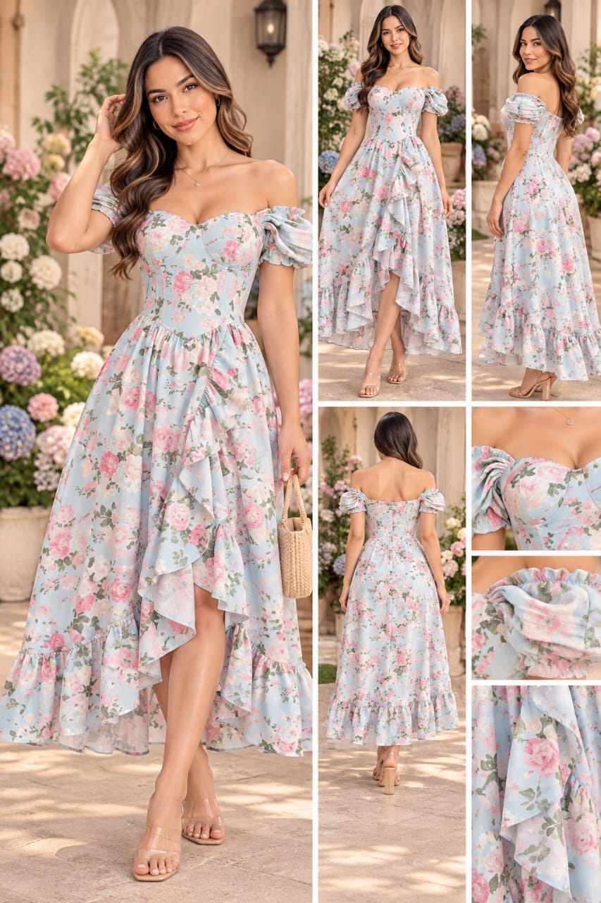 Vestido celeste off-the-shoulder con estampado floral
