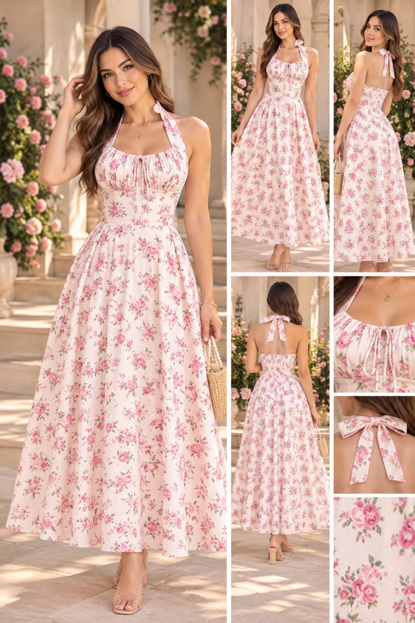 Vestido maxi blanco con flores rosadas pequeñas