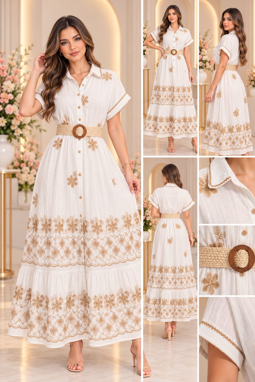 Vestido blanco tipo camisero con estampado bohemio