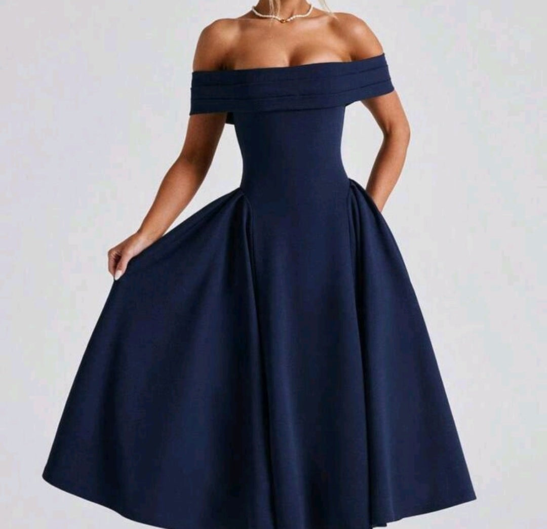 Vestido azul marino formal midi off-the-shoulder