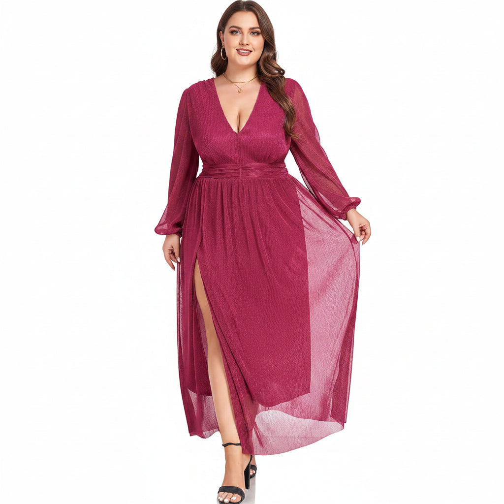 Vestido Mangenta oscuro con brillo manga larga y abertura lateral
