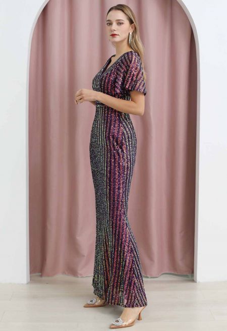 Vestido de líneas verticales de lentejuelas multi-tonales manga corta
