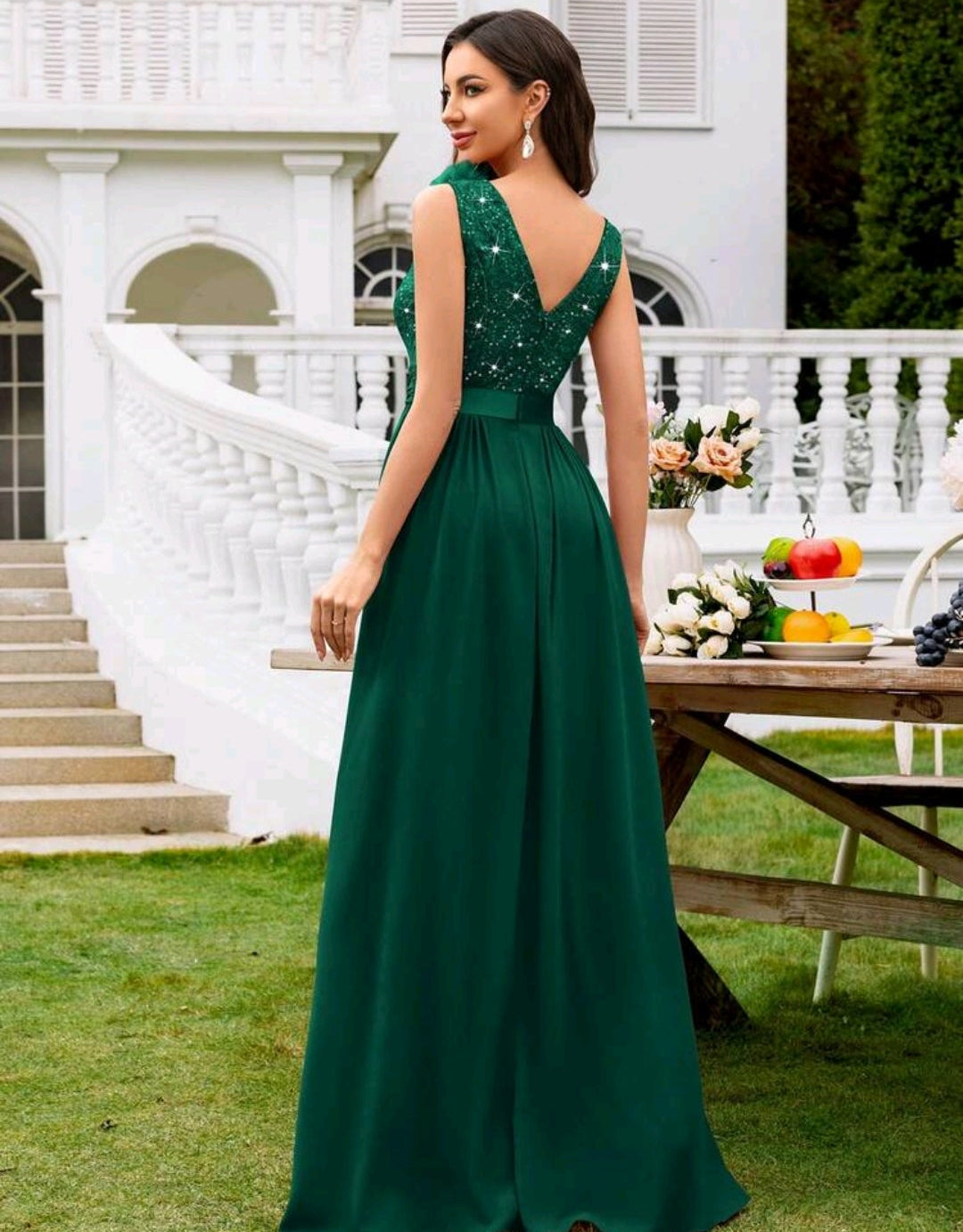 Vestido verde esmeralda encaje lentejuelas y falda chiffon