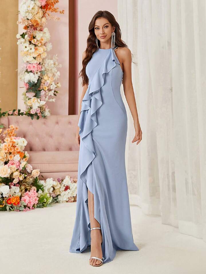 Vestido formal dusty blue claro cuello alto con peplum