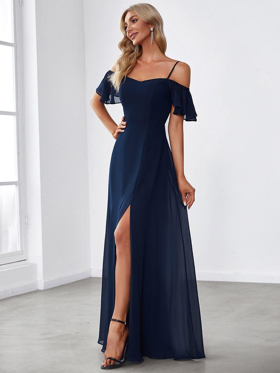 Vestido azul marino manga off-the-shoulder corte A