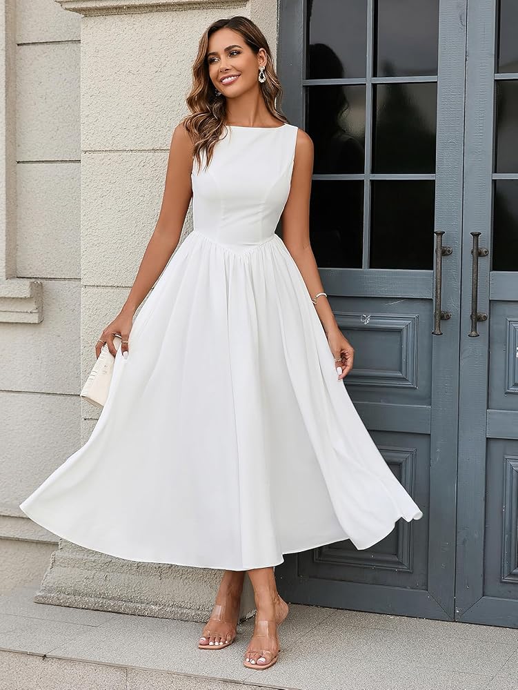 Vestido blanco espalda semi abierta formal midi