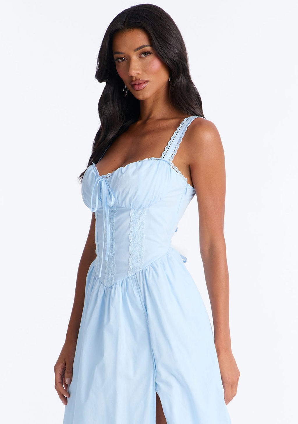 Vestido 100% algodón baby blue con corsé ajustable y abertura lateral