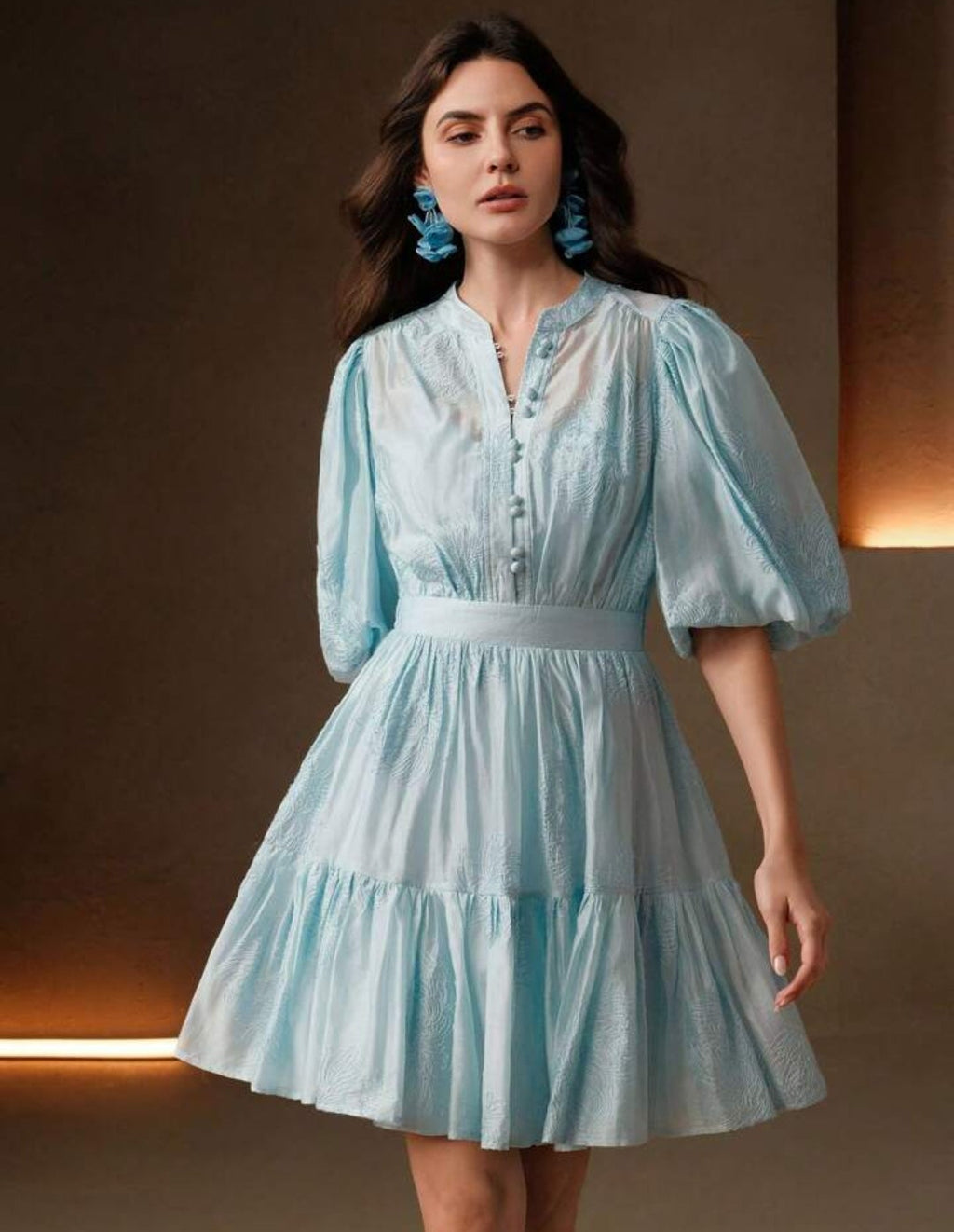 Vestido celeste manga corta bombacha corte A