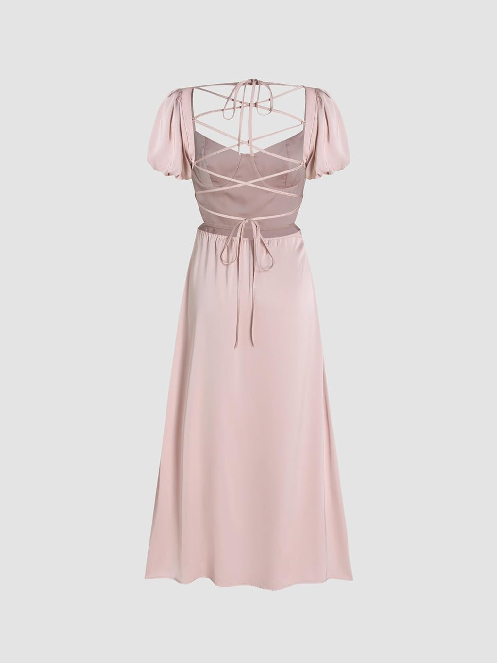 Vestido rosa satinado espalda abierta con abertura lateral