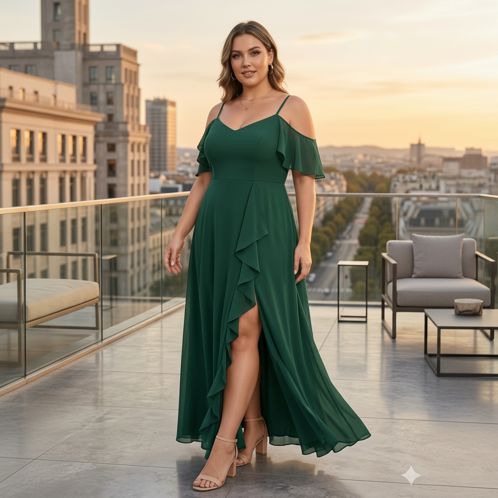 Vestido verde esmeralda off-the-shoulder corte A