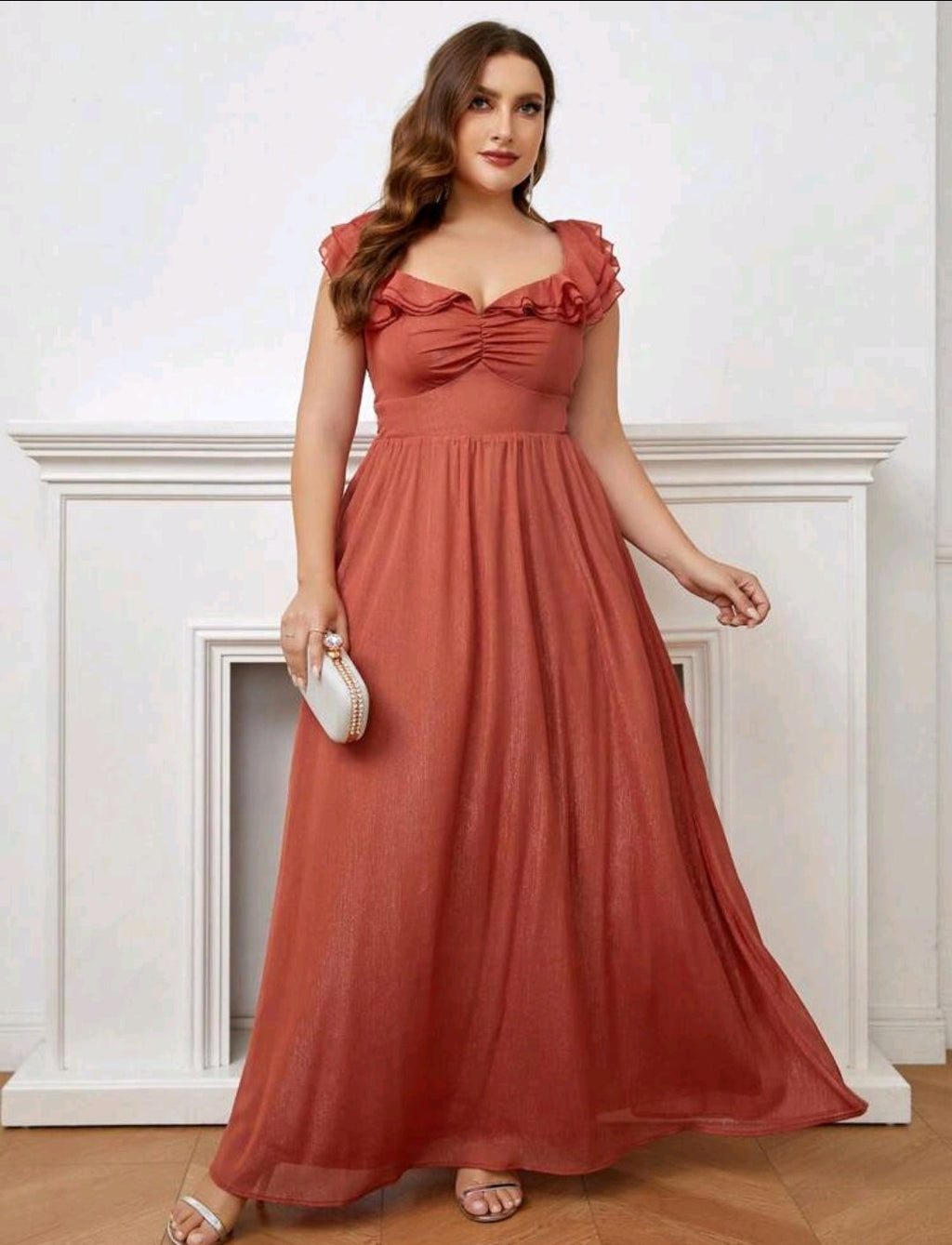 Vestido Terracota manga peplum corte A brillo sutil