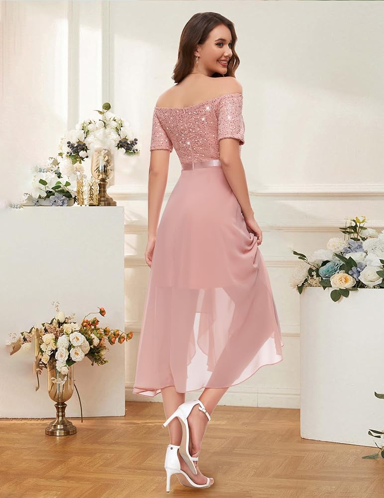Vestido palo rosa encaje y lentejuelas falda chiffon off-the-shoulder