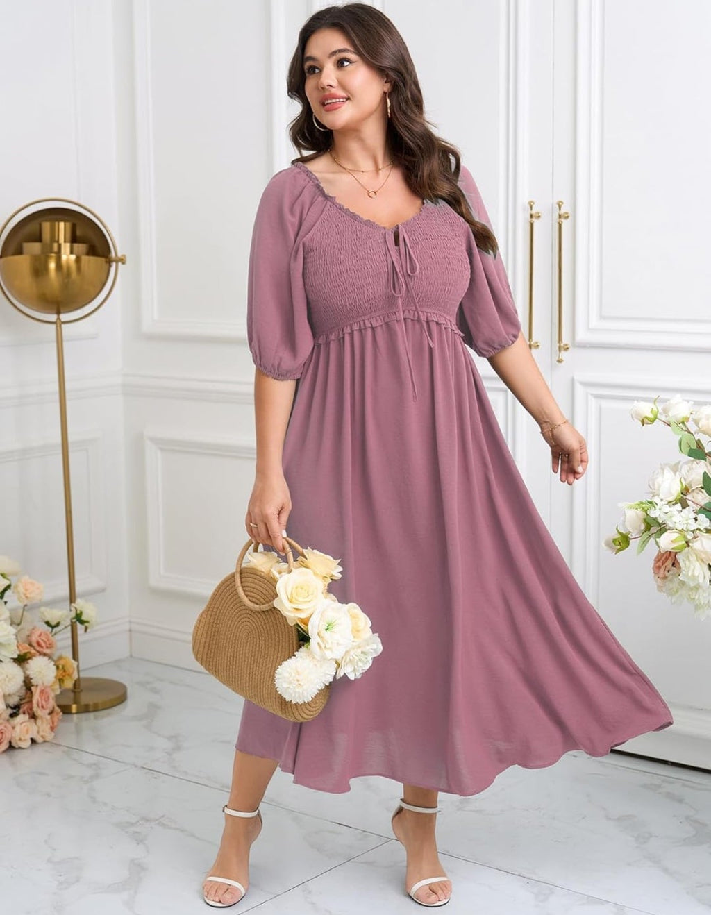 Vestido palo rosa oscuro manga 3/4 corte A