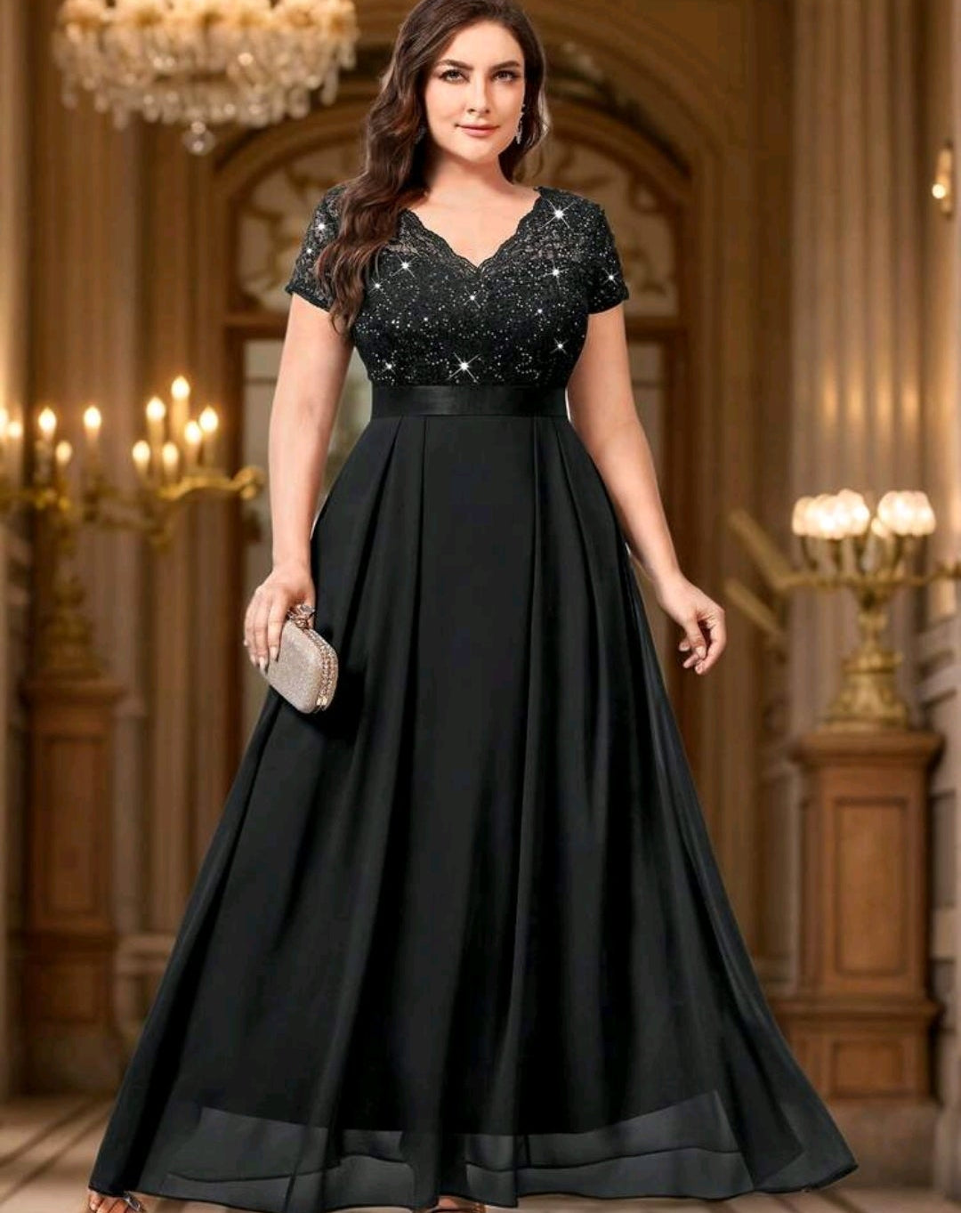 Vestido negro encaje lentejuelas falda chiffon
