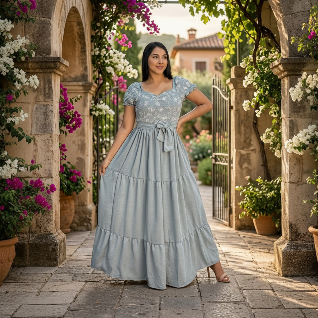 Vestido verde grisáceo con flores blancas