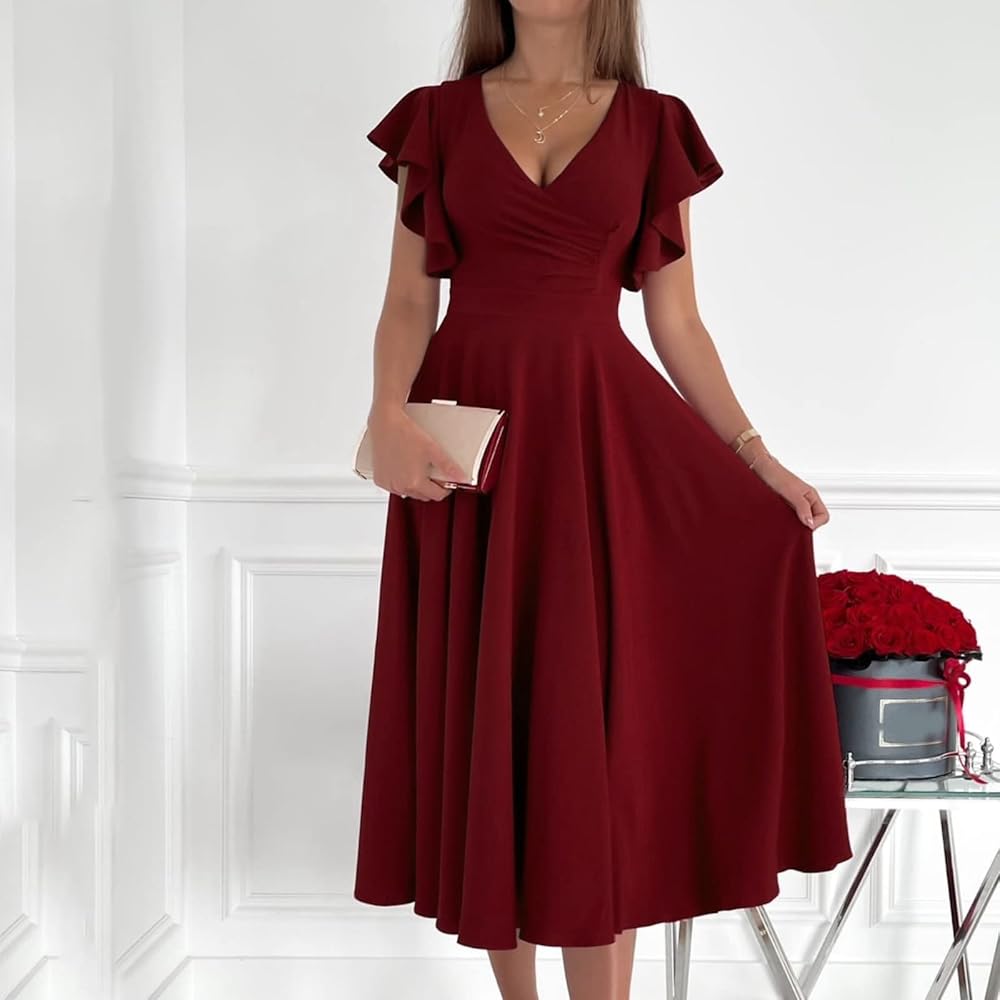 Vestido vino formal midi con escote en V
