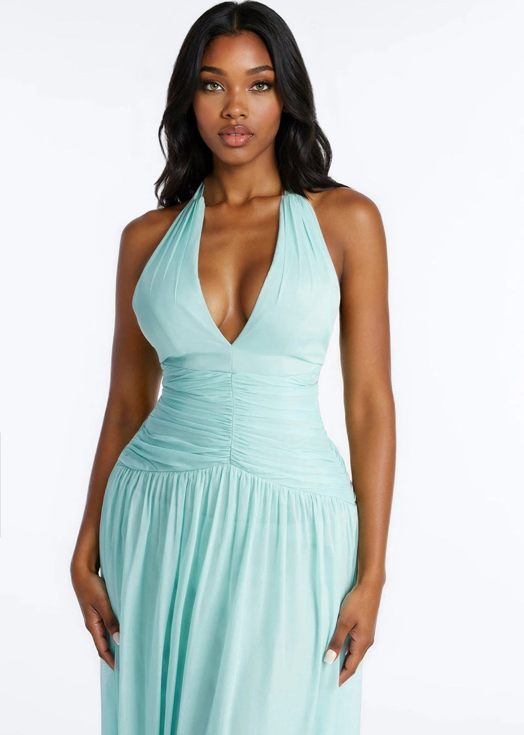 Vestido verde menta halter con escote pronunciado corte A