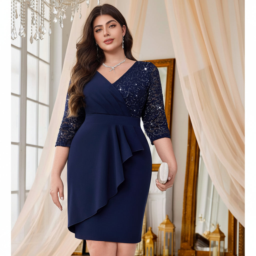 Vestido azul marino midi manga 3/4