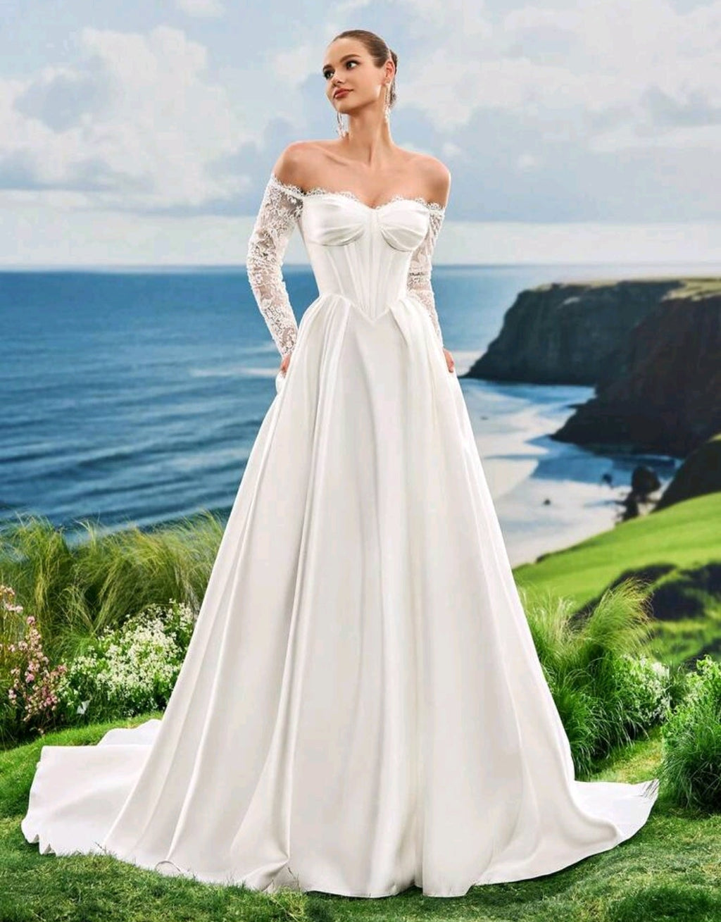 Vestido de Novia Satén con Corsé y Mangas de Encaje Off-the-Shoulder