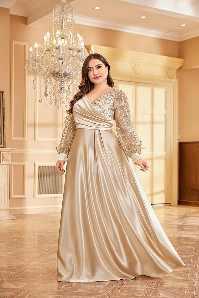 Vestido dorado champán manga larga de lentejuelas corte A