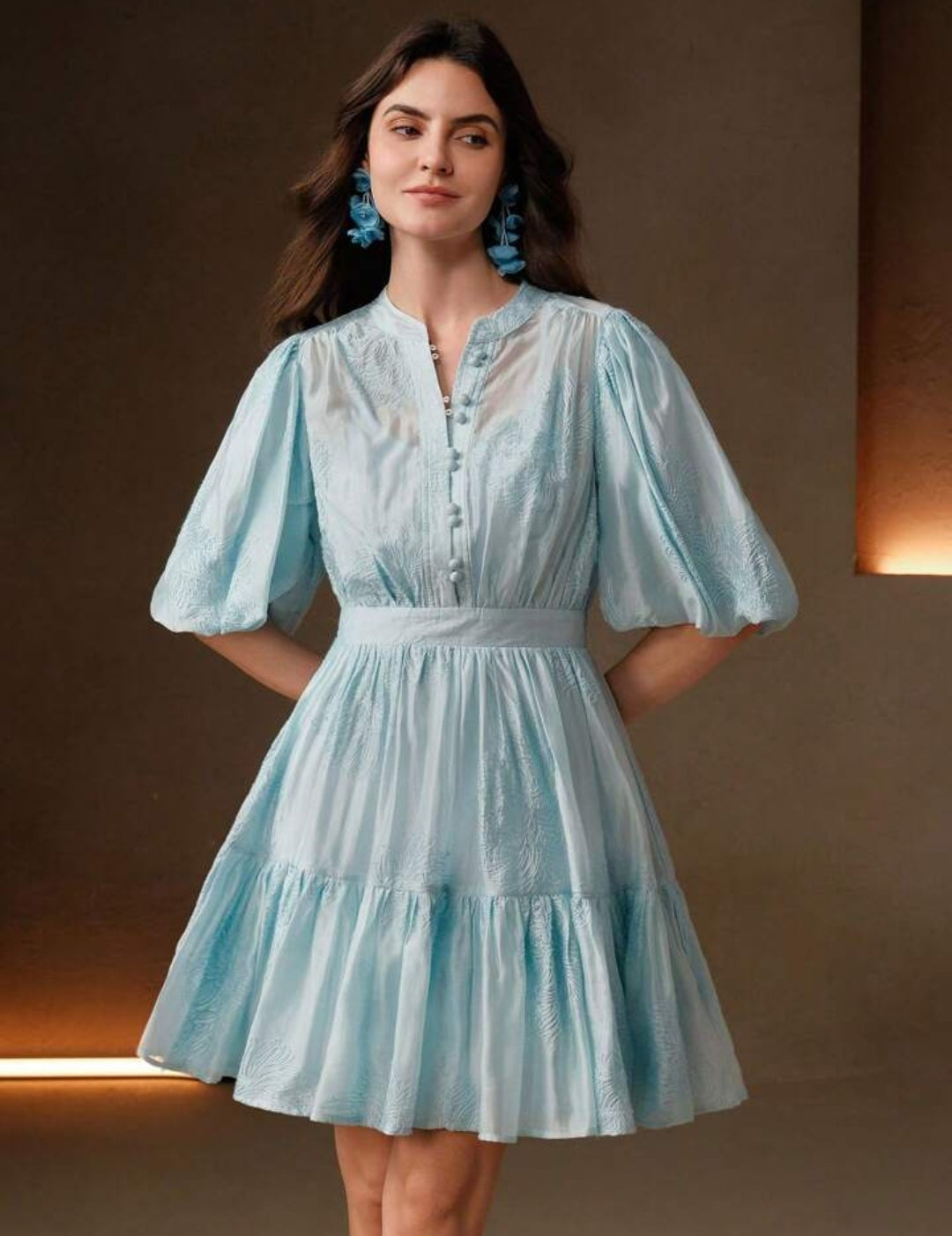 Vestido celeste manga corta bombacha corte A