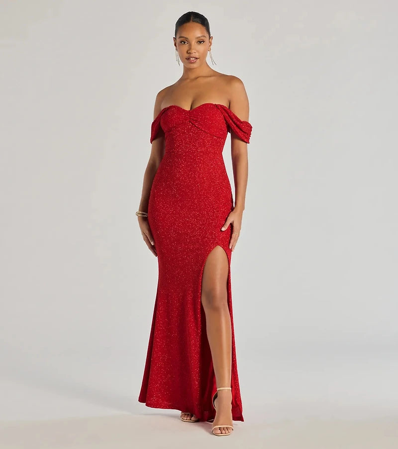 Vestido Tamara off-the-shoulder vino brillante